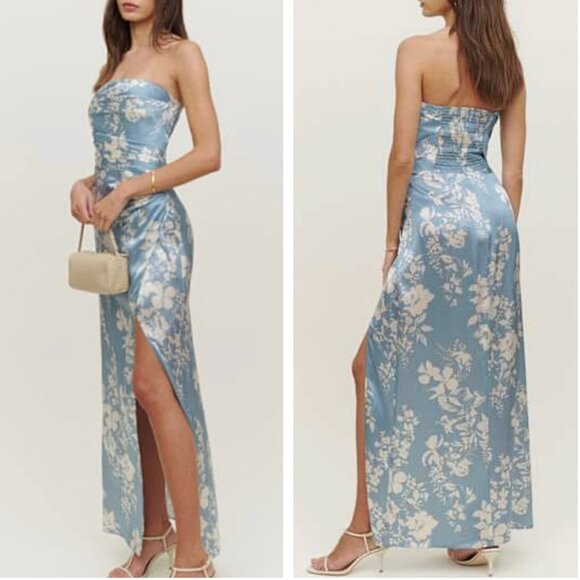 NWT Reformation Barrow Silk Maxi Dress Sz6 Aliso Blue White Floral Cocktail - Picture 2 of 10